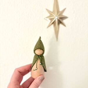 Wooden Hooded Figure with Green Cloak Gnome 🍀✨☀️
